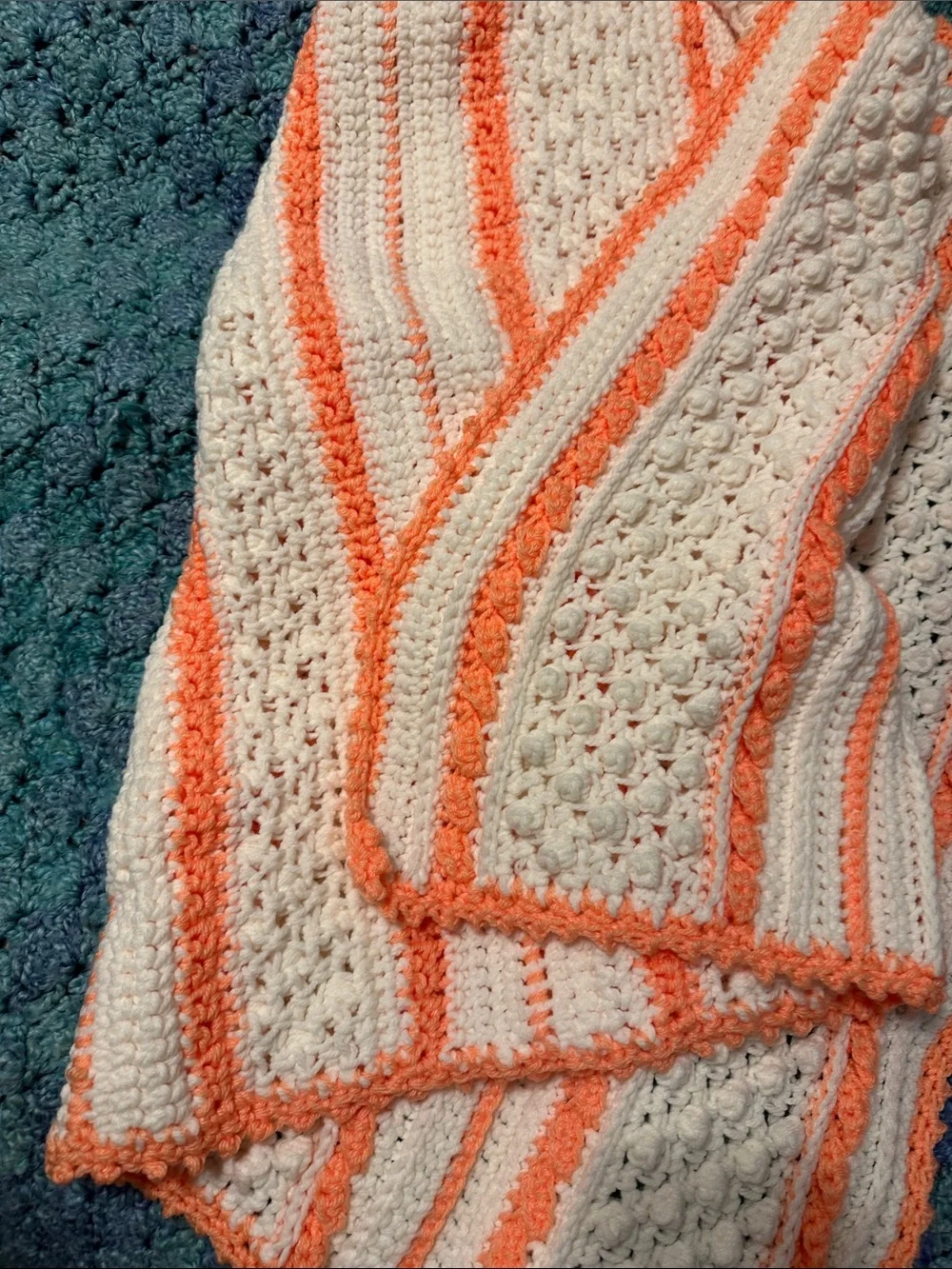 Cream and Peach Striped Crochet Throw Blanket - Handmade Comfort